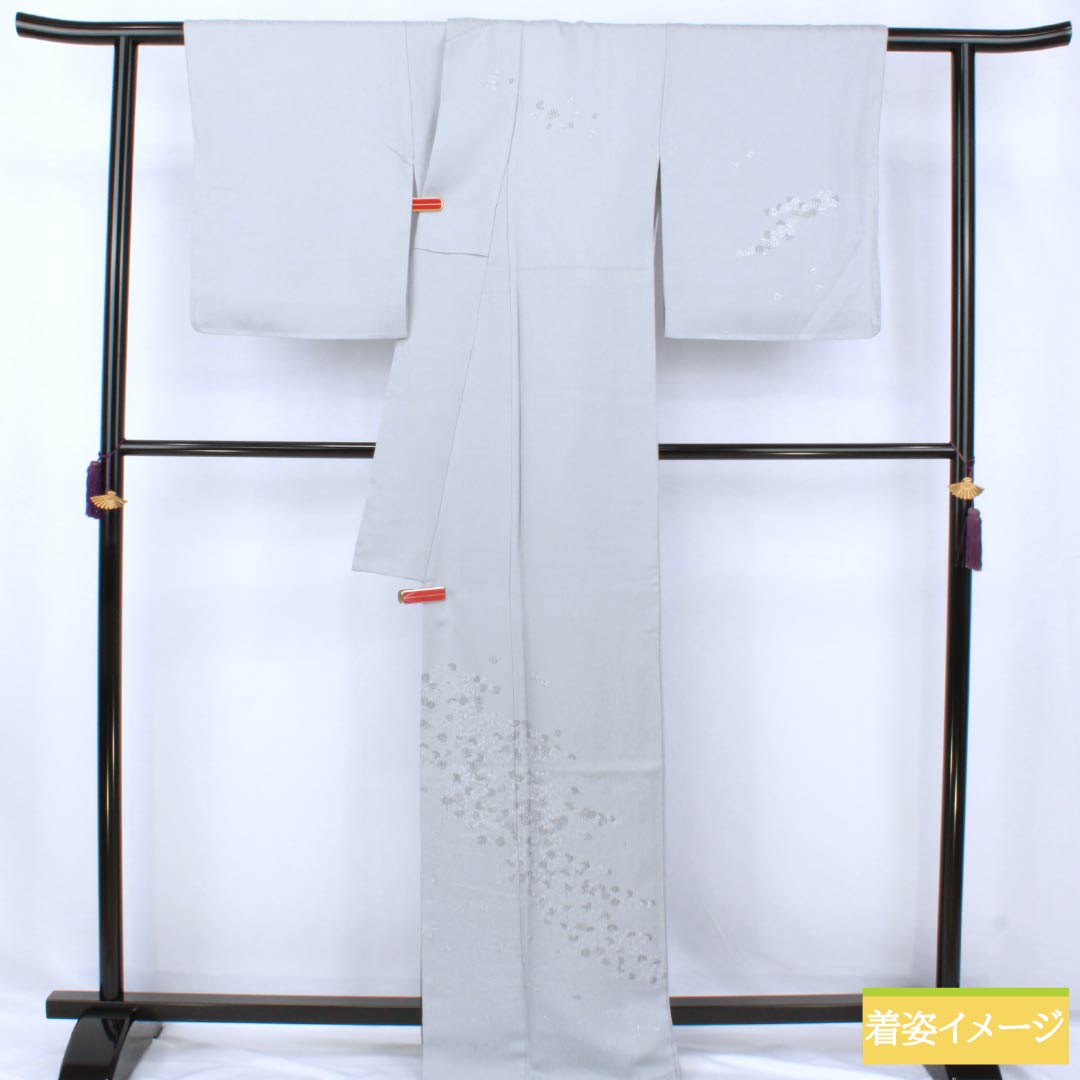 訪問着 正絹 Bランク 袷 身丈168cm 裄丈62cm 白銅色(はくどういろ) 蘇州刺繡 草花 流水 しつけ糸付き グレー系 1112007524522
