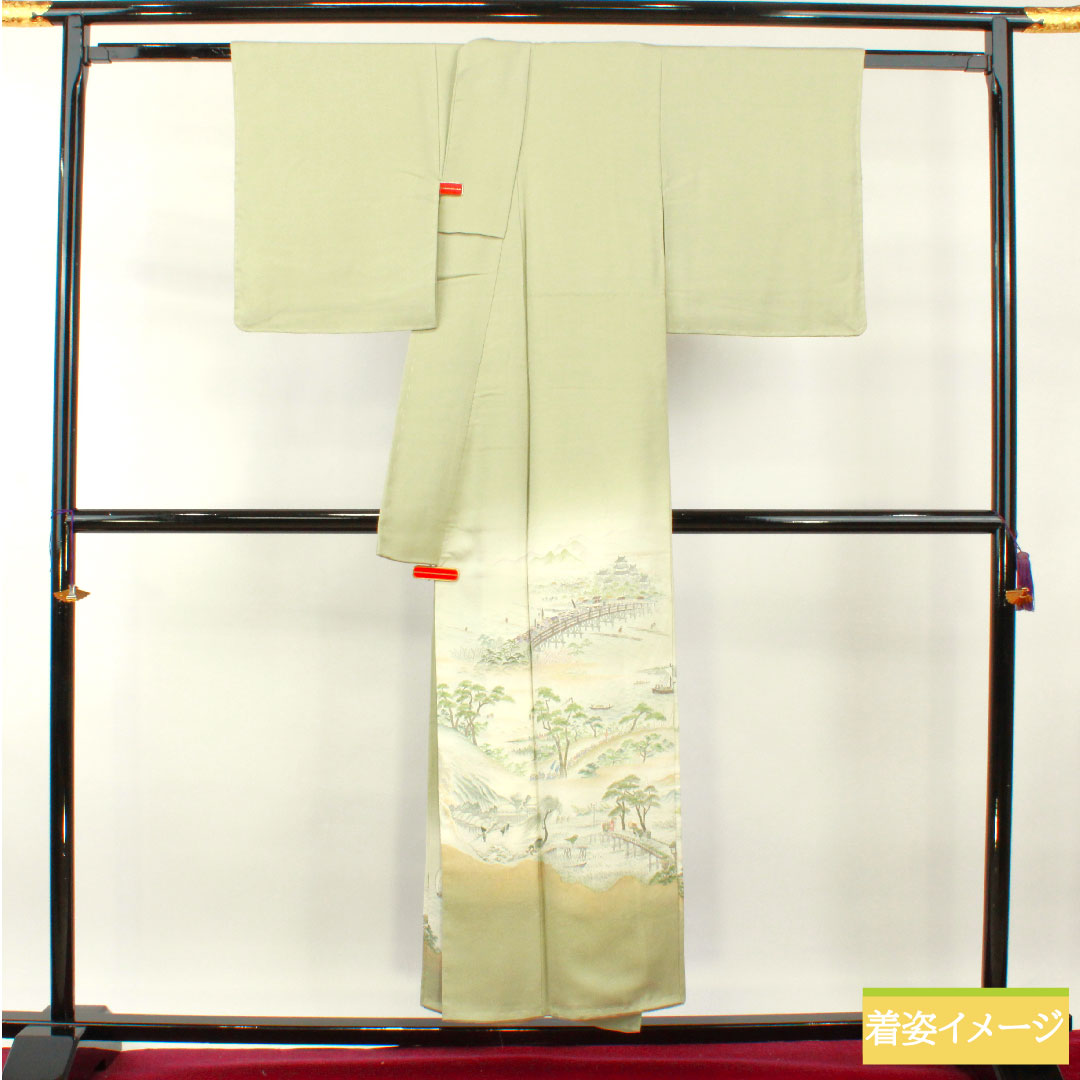 彩色留袖、纯丝、长度152cm、袖长63cm、里料、黄绿色和灰色、寿编织、山水纹、一个纹章、五葫芦和中国花图案圆圈、附缝纫线、未使用、S级、绿色、1111001342219