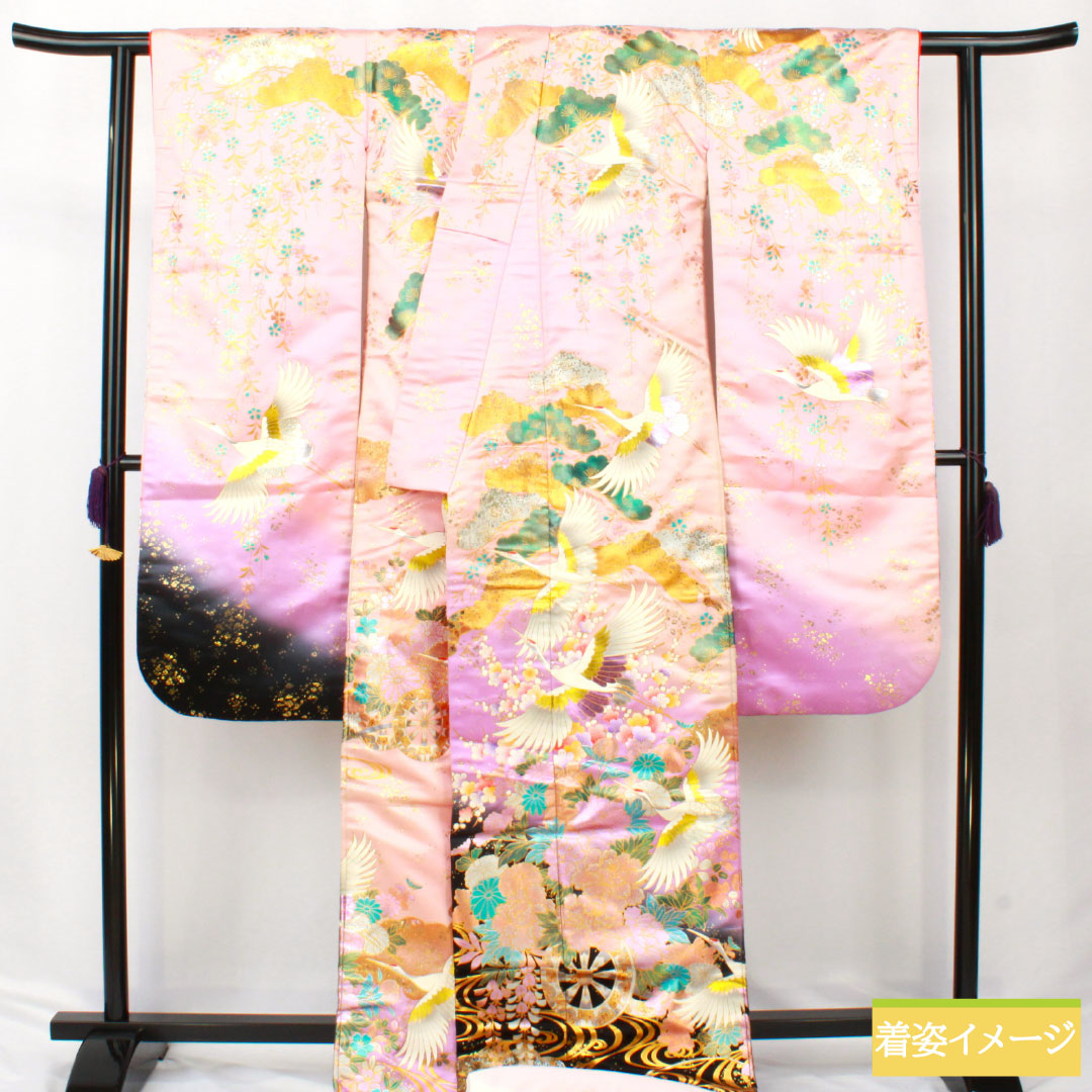 色打掛 正絹 Bランク 身丈188cm 裄丈66cm 金彩加工 花車 鶴 流水 雲取り 袷 ピンク系 1110000924913