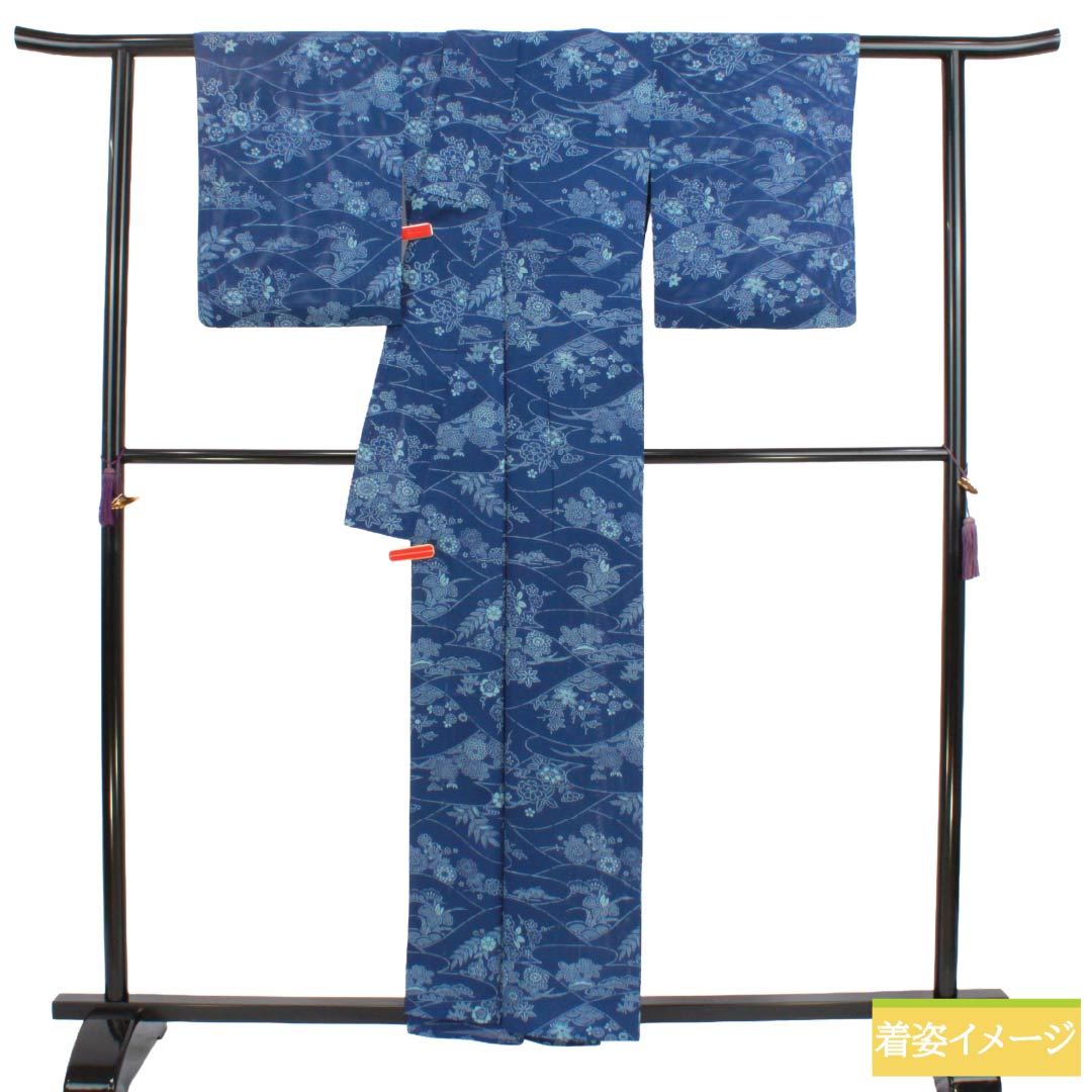 夏物 正絹 小紋 Aランク 身丈156.5cm 裄丈62.5cm 瑠璃色(るりいろ) 型染 吉祥文様 スコッチガード加工 絽 青系 1132004683317
