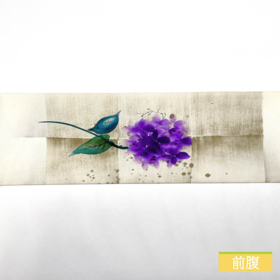 名古屋帯 生成り色(きなりいろ) 染め帯 作家物 あじさい 帯丈345cm 正絹 Aランク ポイント柄 カジュアル クリーム系 1124007003315 名古屋仕立て