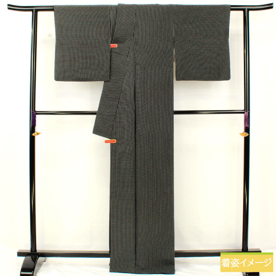 小紋 正絹 身丈165.5cm 裄丈66cm 袷 幾何学模様 Aランク 黒系 1115004713510