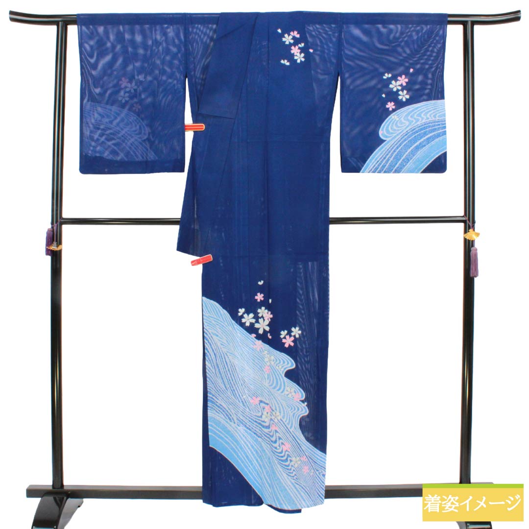 夏物 ポリエステル 付下げ Sランク 身丈158cm 裄丈69cm 紺桔梗色(こんききょういろ) 洗える着物 波 桜 絽 紺系 1132007102318
