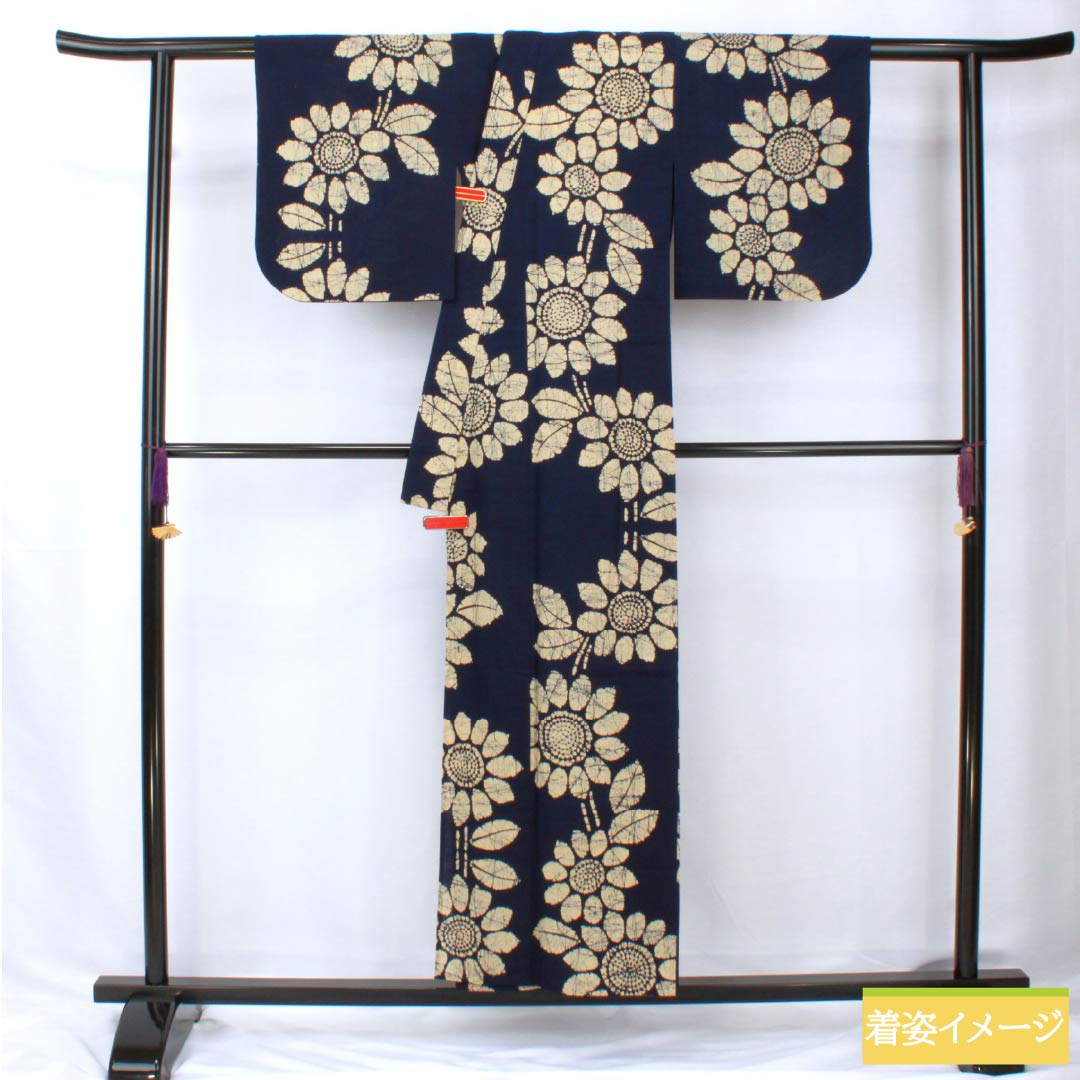 浴衣 木綿 身丈154cm 裄丈62.5cm Bランク 単衣 紺系 濃紺色(のうこんいろ) 向日葵 1118005844218