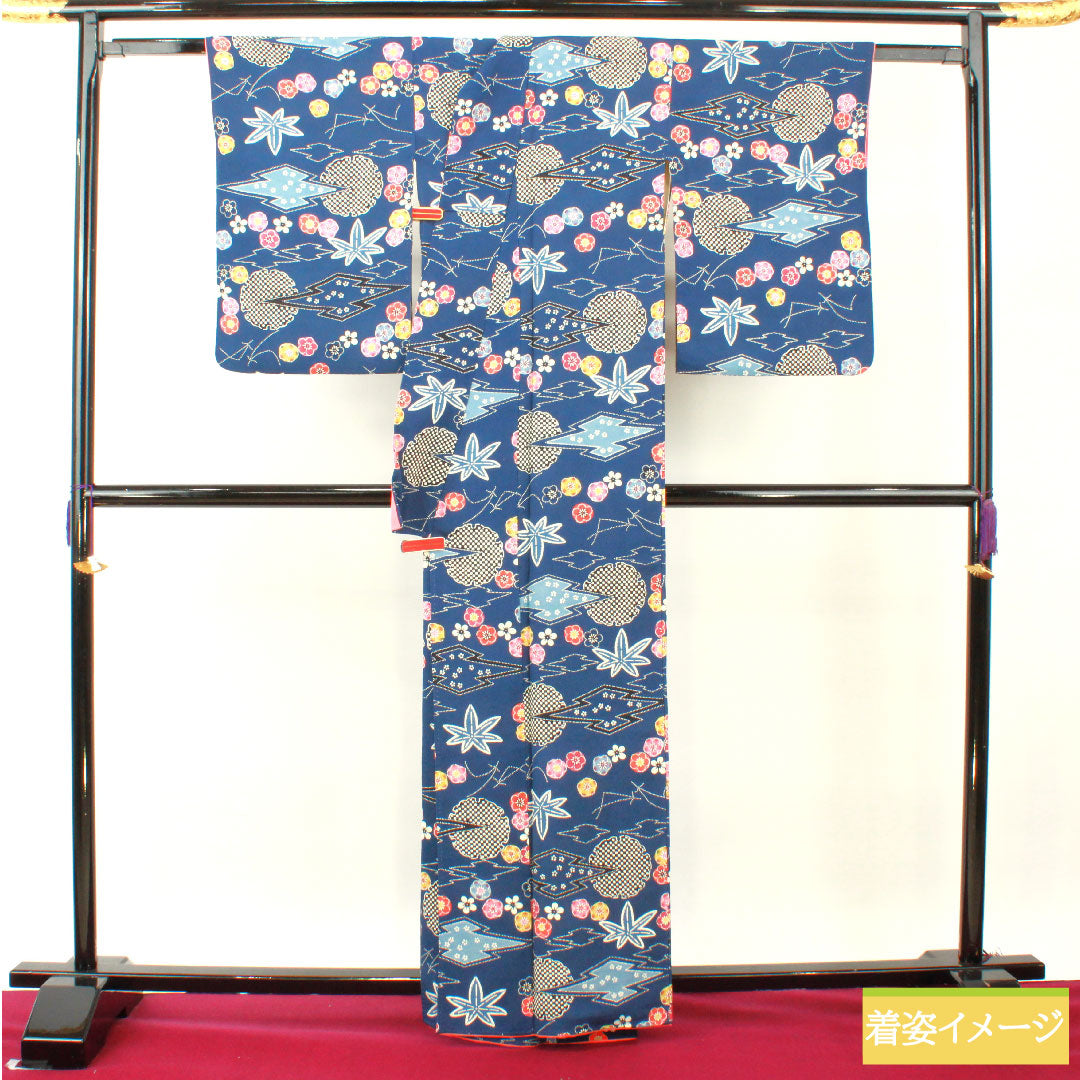 小紋 正絹 身丈162cm 裄丈65cm 袷 鉄葡萄色(てつぶどういろ) 京紅型 吉祥文様 Aランク 紺系 1115004453418