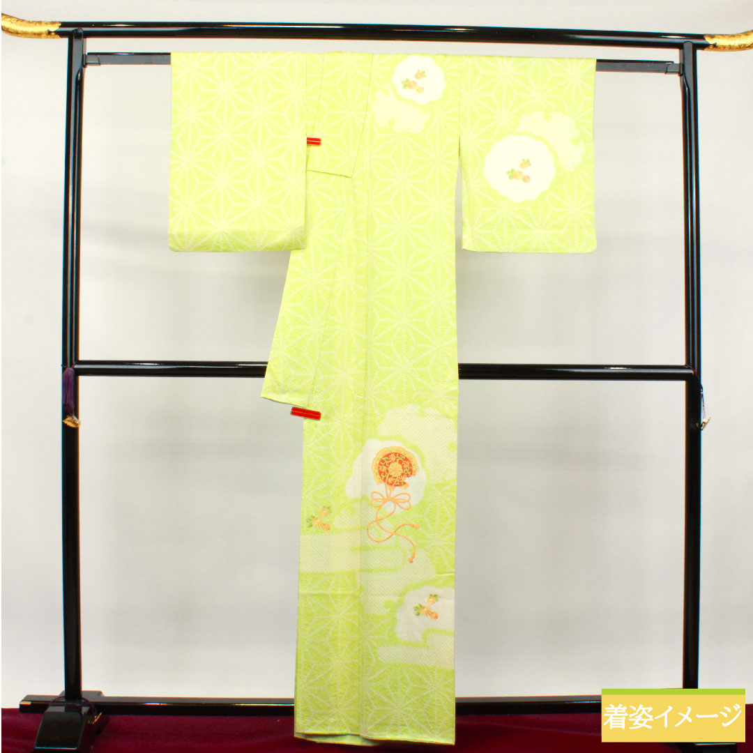 Homongi, pure silk, lined, length 162.5cm, sleeve length 62cm, young bud color, embroidery, tie-dye, hemp leaf, A rank, green, 1112003433419