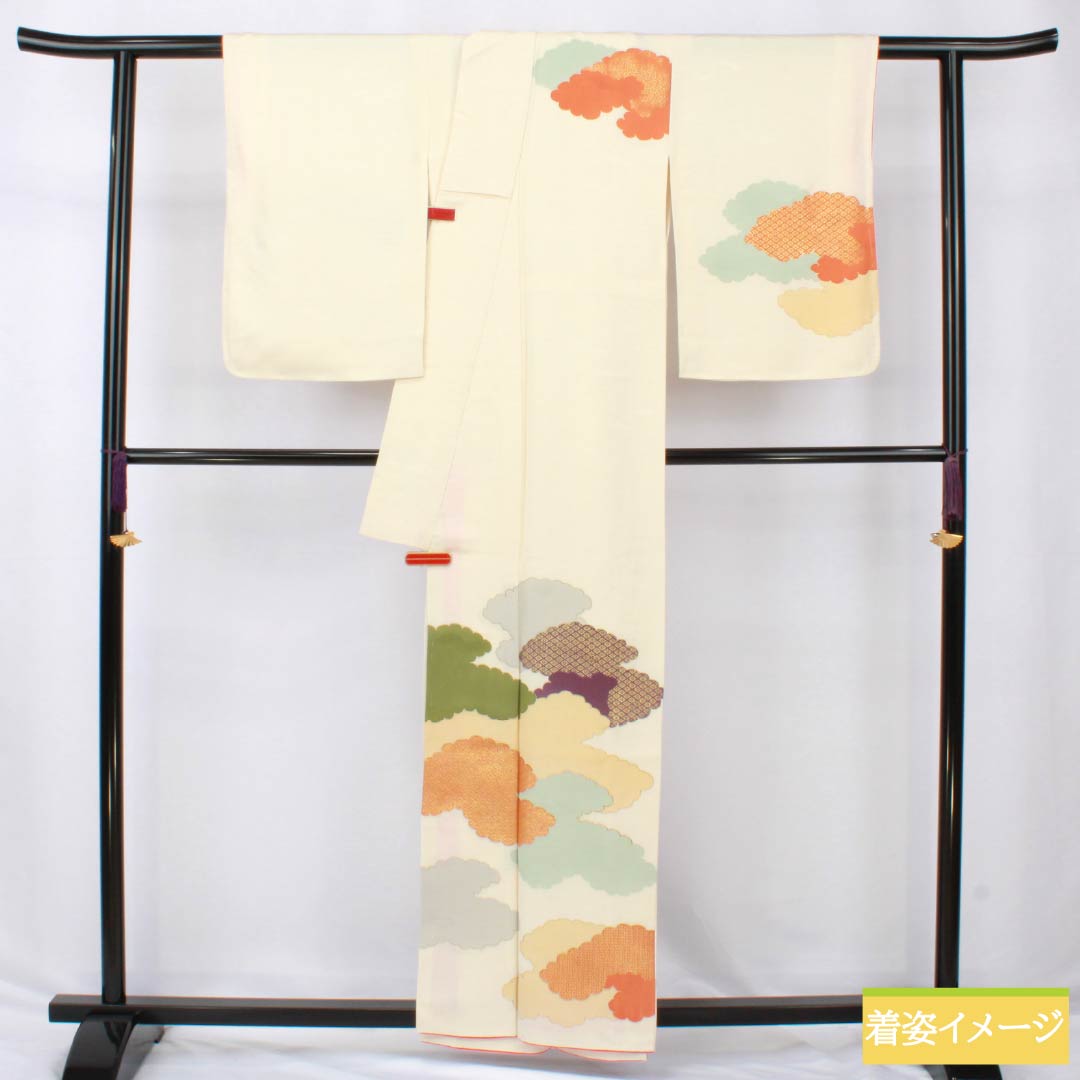 訪問着 正絹 Aランク 袷 身丈157.5cm 裄丈62cm 乳白色(にゅうはくしょく) 京友禅 雲取り しつけ糸付き 白系 1112006563311