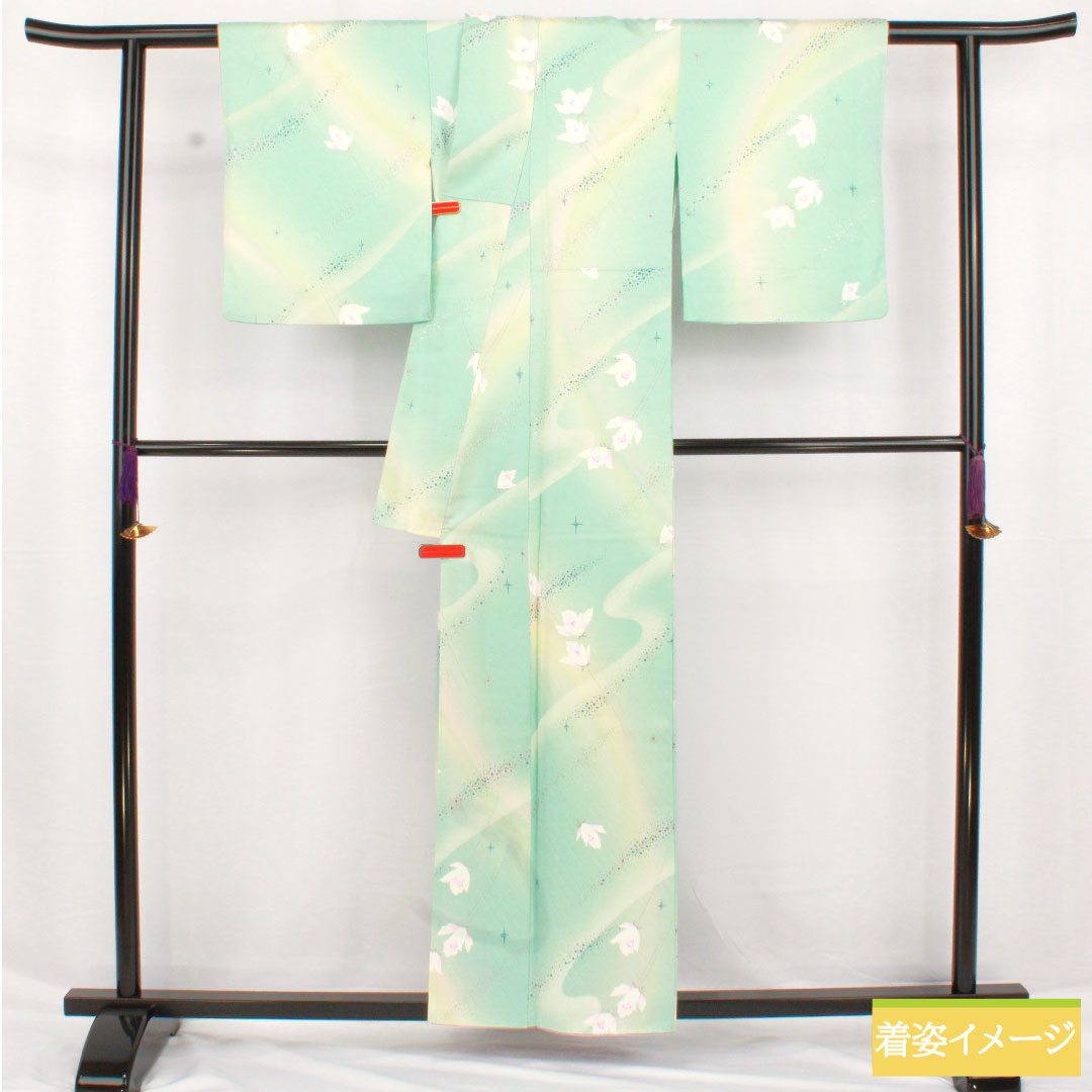 小紋 正絹 身丈157cm 裄丈63cm 袷 抽象花 銀彩加工 Sランク 水色系 1115004902324