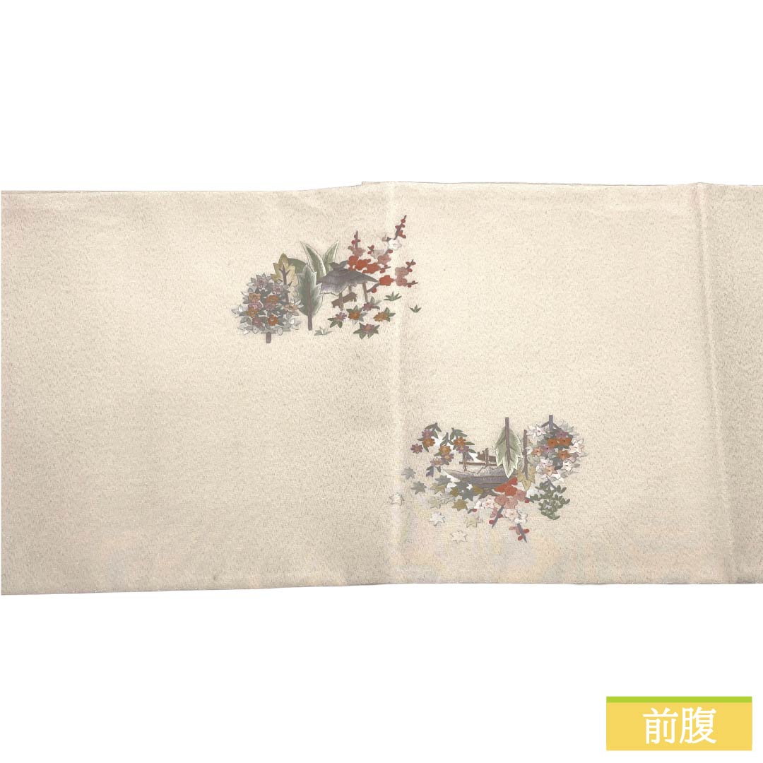 袋帯 正絹 Aランク 生成り色(きなりいろ) 蘇州刺繡 綴れ地 風景模様 銀糸 帯丈468cm ポイント柄 セミフォーマル 白系 1123017533411