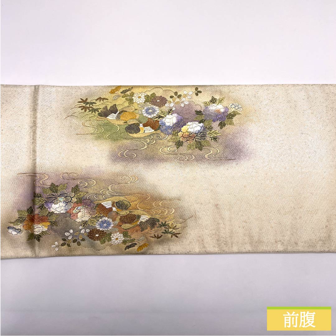 袋帯 正絹 生成り色(きなりいろ) 留袖用 螺鈿 引箔 御所車 帯丈446cm Aランク 六通 フォーマル クリーム系 1123014043315