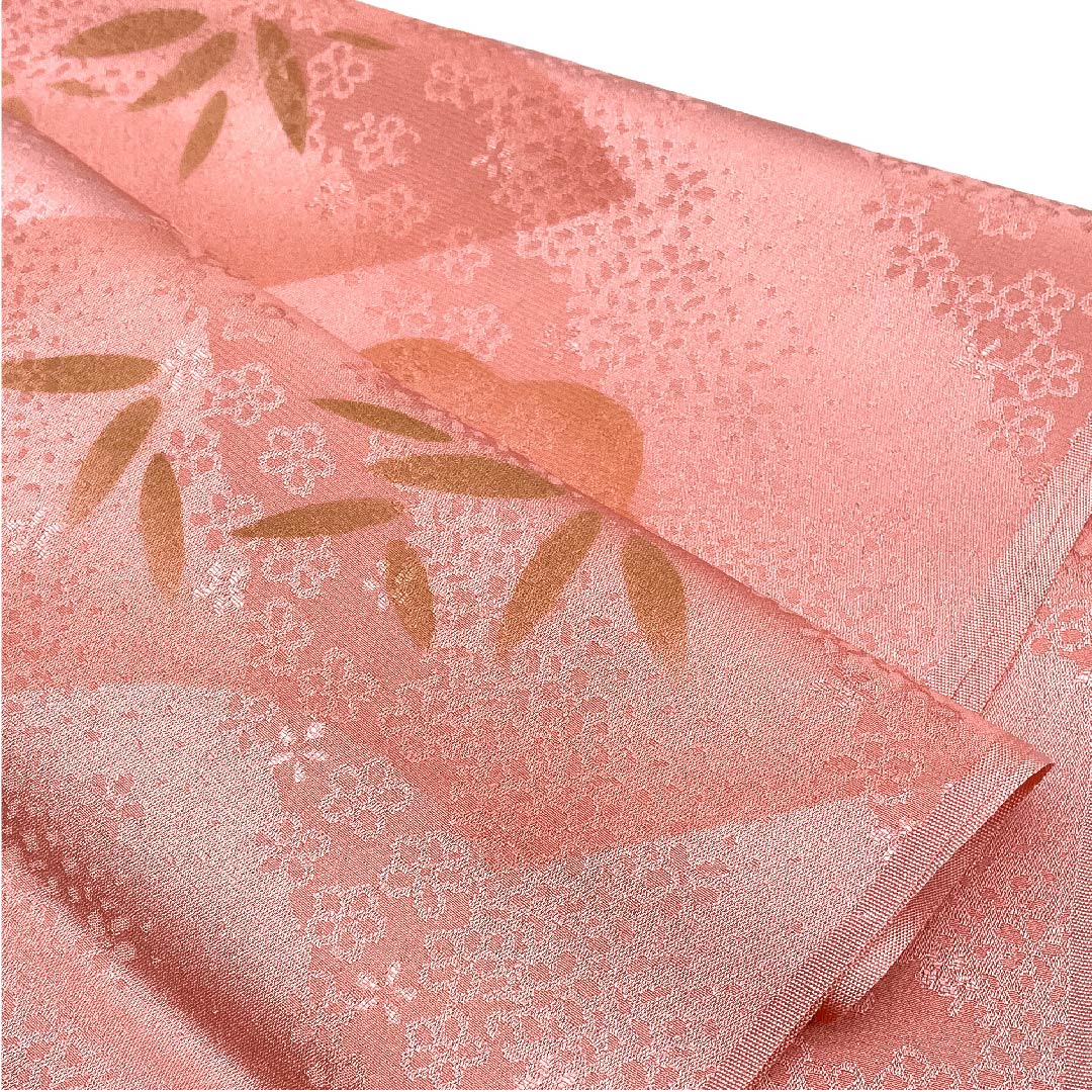 (New old stock) Formal obiage, pure silk, coral color, plum, fan surface, bamboo, length 176cm, width 29cm, S rank, pink, 1136000192913
