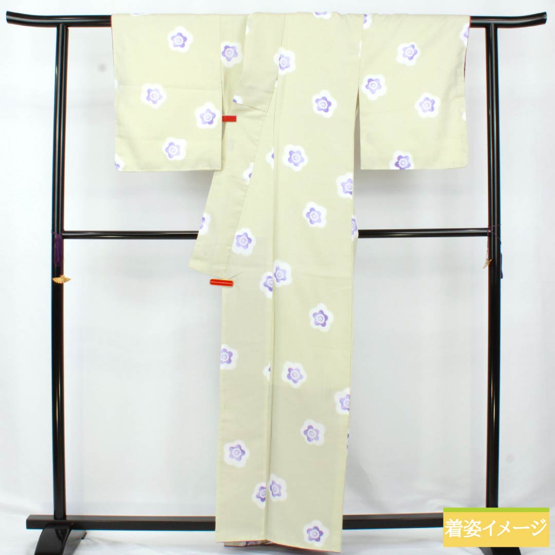 小紋 ポリエステル Aランク 身丈165cm 裄丈66cm 袷 硫黄色(いおういろ) 花 しつけ糸付き 洗える着物 緑系 1115007023519