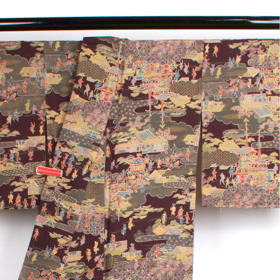 小紋 身丈153.5cm 裄丈65cm 袷 紫烏色 時代人物風景模様 正絹 Sランク 紫系 1115002322220