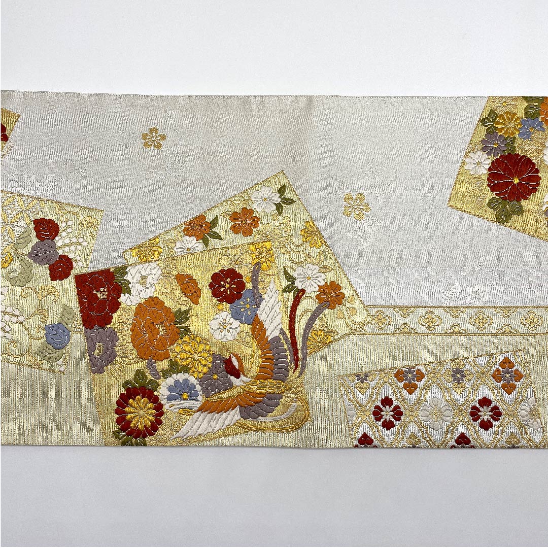 袋帯 灰白色色(かいはくしょくいろ) 全通箔 鳳凰 吉祥文様 帯丈430cm 正絹 Aランク 六通 フォーマル 銀系 1123007513322