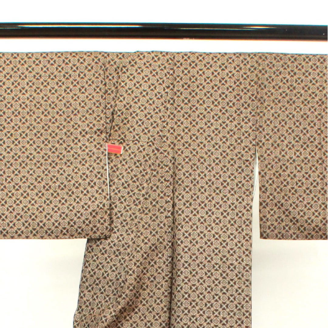 大島紬 身丈142cm 裄丈61.5cm 経緯絣 幾何学模様 正絹 Sランク 袷 茶系 1116002122114