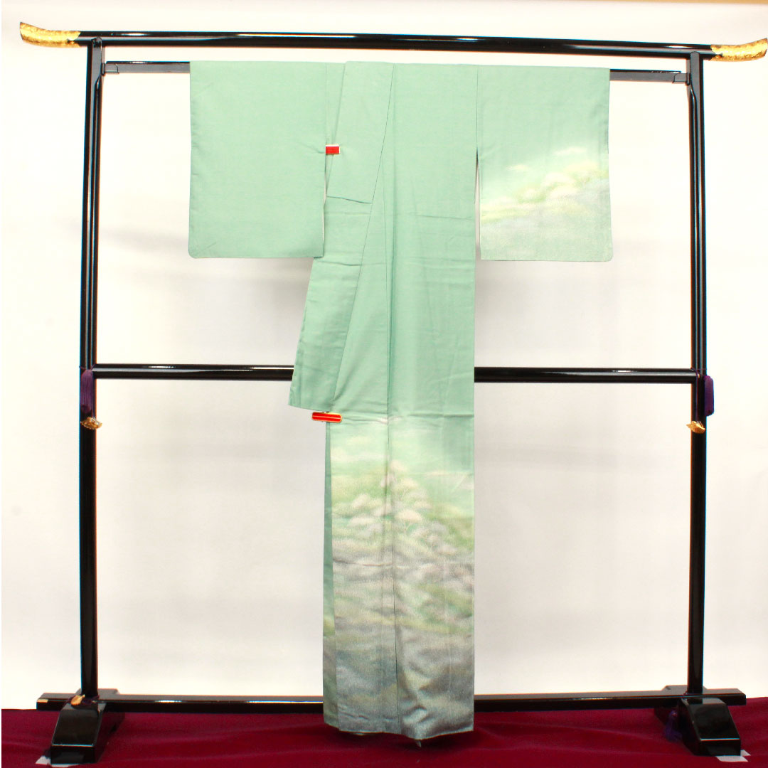 訪問着 正絹 袷 身丈161cm 裄丈62.5cm 豆青色 牛首紬 抽象模様 Aランク 緑系 1112003263419
