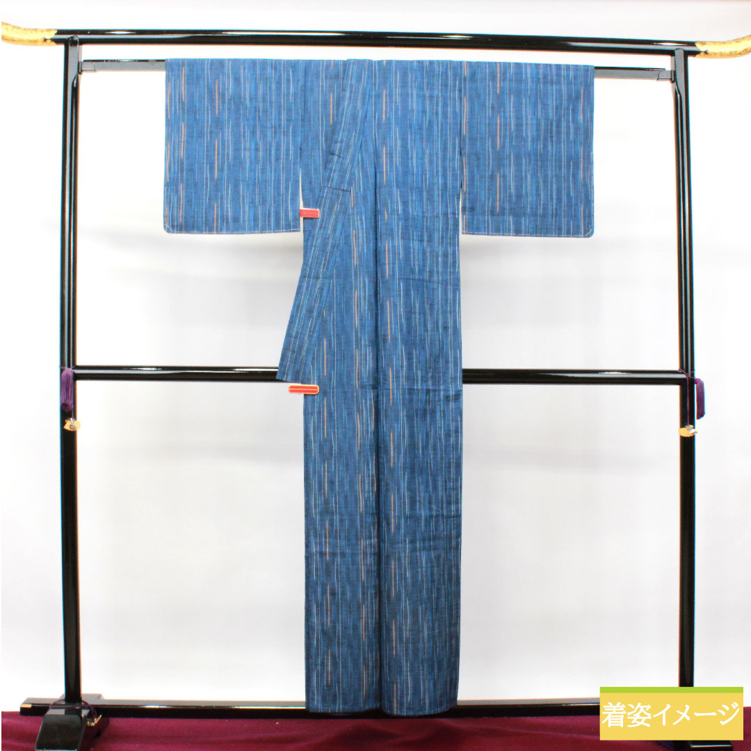 紬 正絹 身丈154.5cm 裄丈62cm 瑠璃紺色 よろけ縞 しつけ糸付き 未使用品 Sランク 単衣 紺系 1116003122218