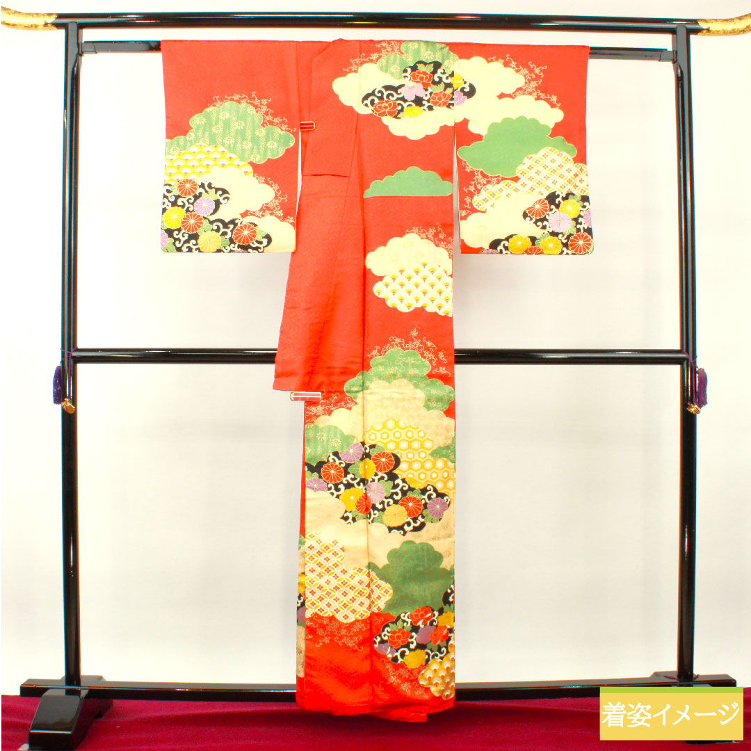 訪問着 正絹 袷 身丈160cm 裄丈63cm 緋色 京友禅 刺繡 吉祥文様 一つ紋(縫紋) 五三桐 Sランク 朱系 1112003752416