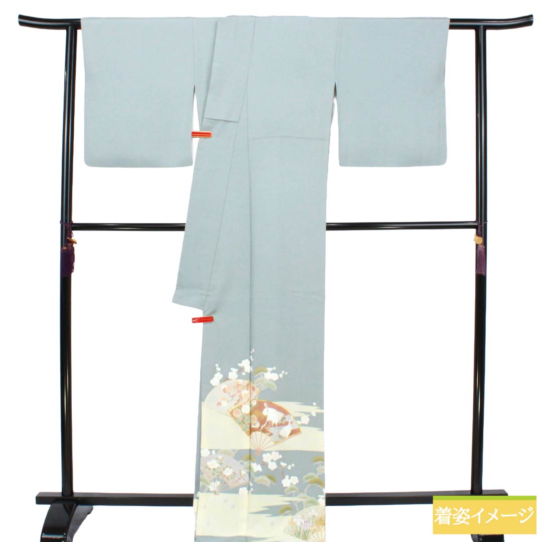 色留袖 正絹 Sランク 身丈178cm 裄丈70.5cm 袷 沈香茶色(とのちゃいろ) 京友禅 扇面 鶴 吉祥文様 一つ紋 丸に剣片喰 一つ紋 青系 1111002252817