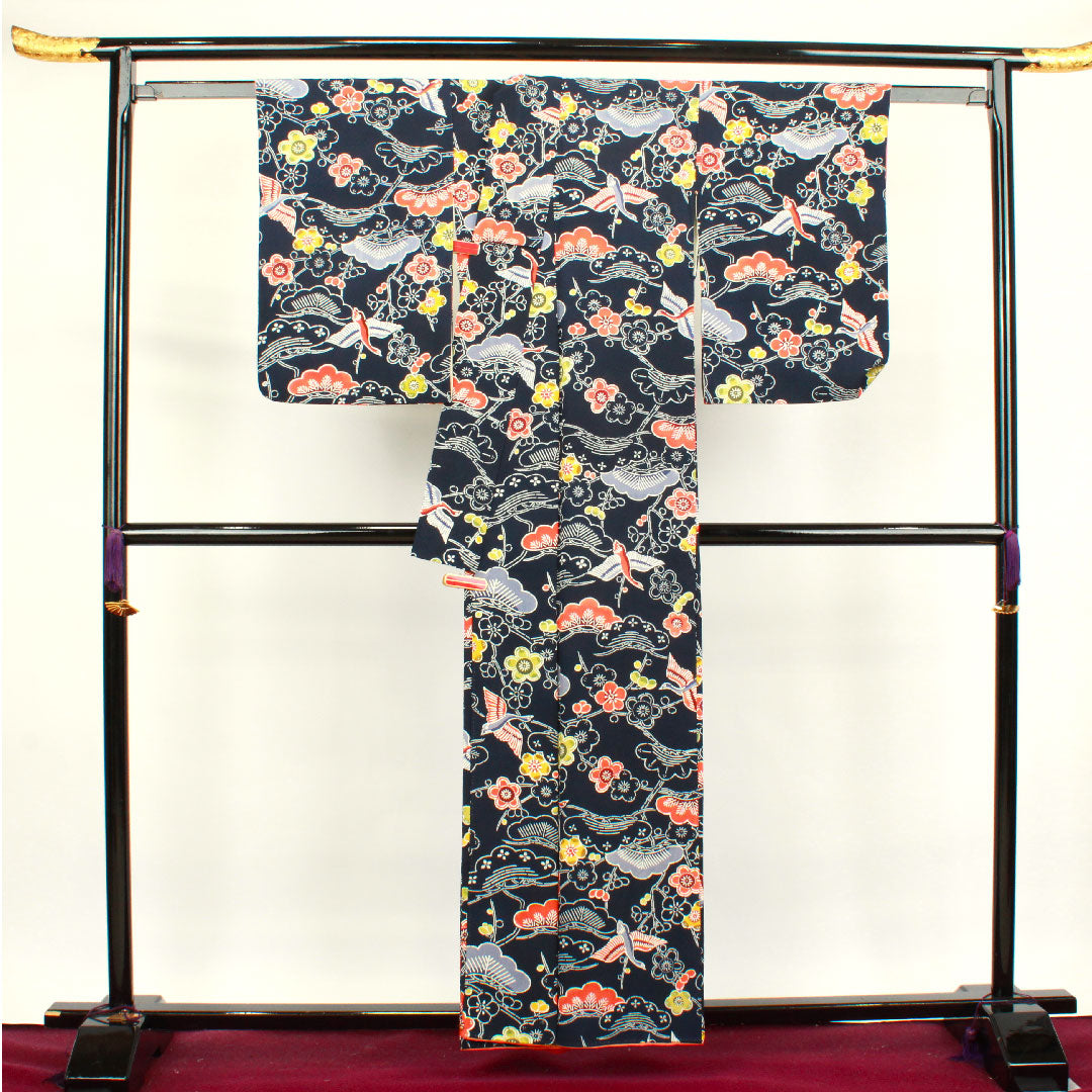 小紋 身丈158cm 裄丈63.5cm 袷 濃紺色 京紅型 松 梅 正絹 Aランク 紺系 1115003433318