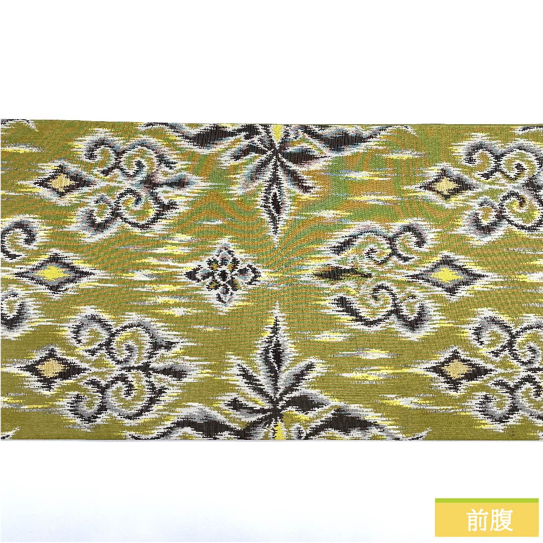 袋帯 正絹 国防色色(こくぼうしょくいろ) 織工房鼎 イカット華文 幾何学模様 帯丈441cm Sランク 全通 セミフォーマル 緑系 1123010832319