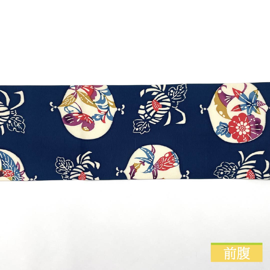 名古屋帯 濃藍色(こいあいいろ) 京紅型 花模様 鶴 帯丈353cm 正絹 Sランク 全通 カジュアル 紺系 1124007252318 名古屋仕立て