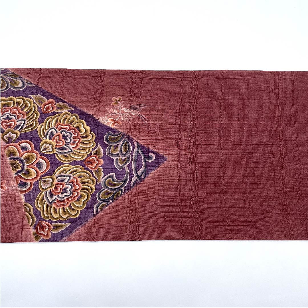 袋帯 蘇芳色(すおういろ) 紬地 唐花模様 小鳥模様 帯丈439cm 正絹 Sランク ポイント柄 カジュアル 紫系 1123009422320