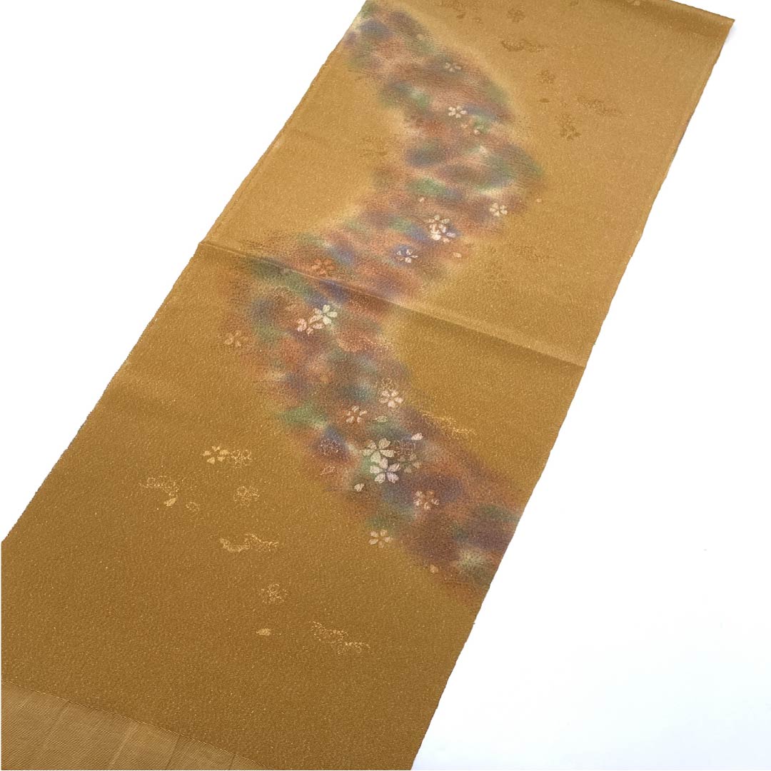 帯揚げ 正絹 フォーマル 遠州茶色(えんしゅうちゃいろ) 金通し 桜 花柄 長さ約172cm 幅約30cm Sランク 茶系 1136000422914