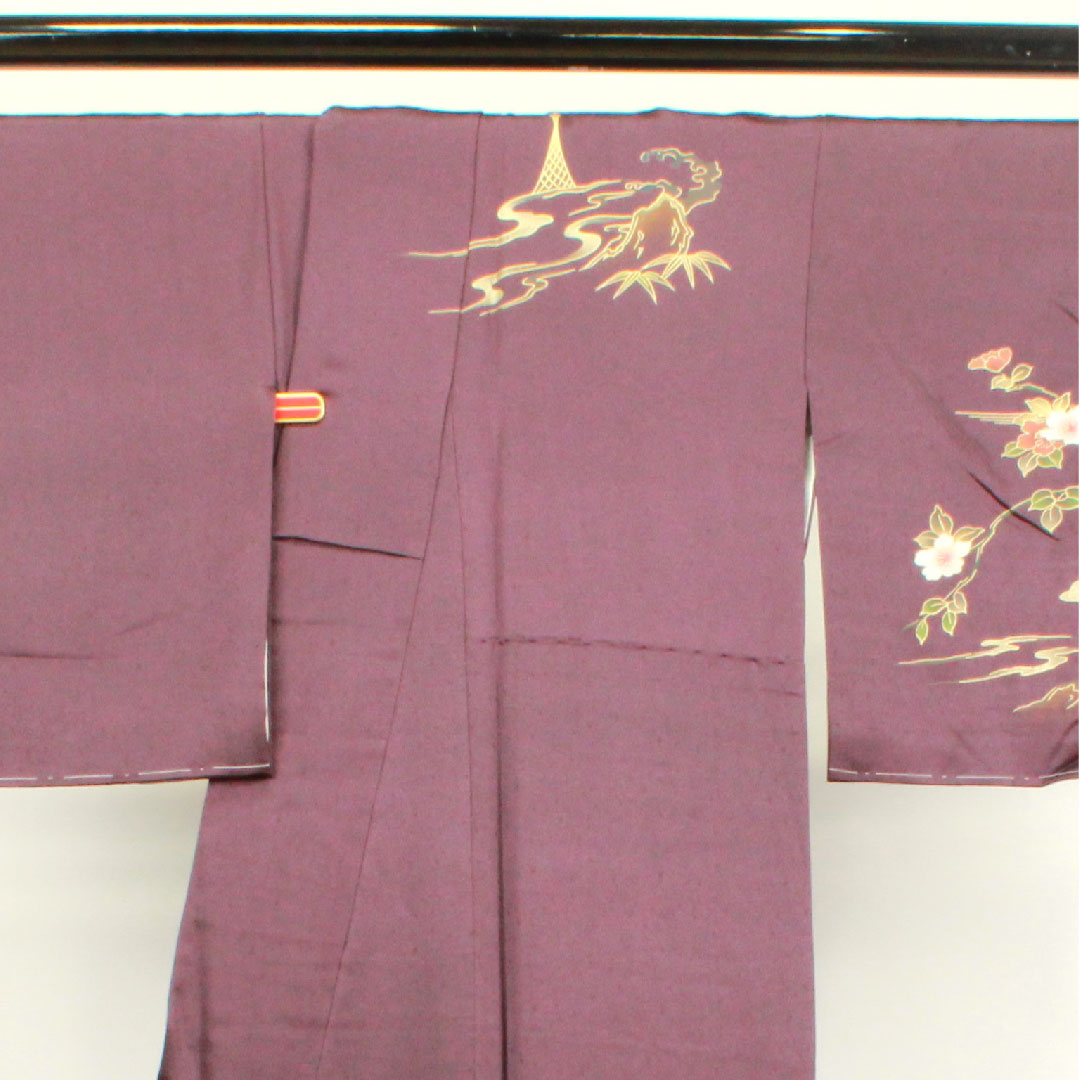 訪問着 袷 身丈160.5cm 裄丈65cm しつけ糸付き 深紫色 京友禅 草花模様 正絹 Aランク 紫系 1112002413420