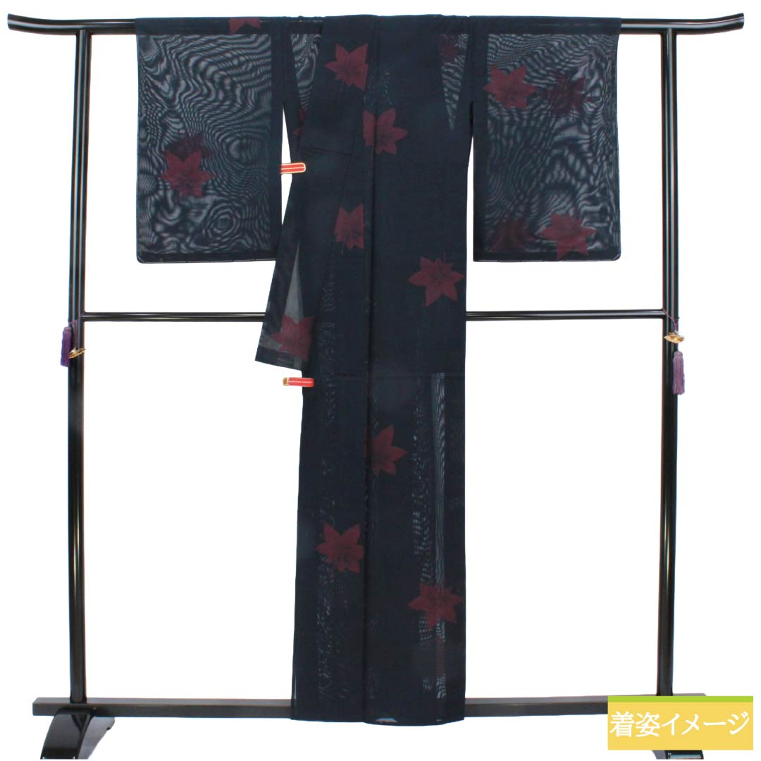 夏物 正絹 お召 Aランク 身丈157cm 裄丈64.5cm 濃紺色(のうこんいろ) カエデ 紗 紺系 1132006363318