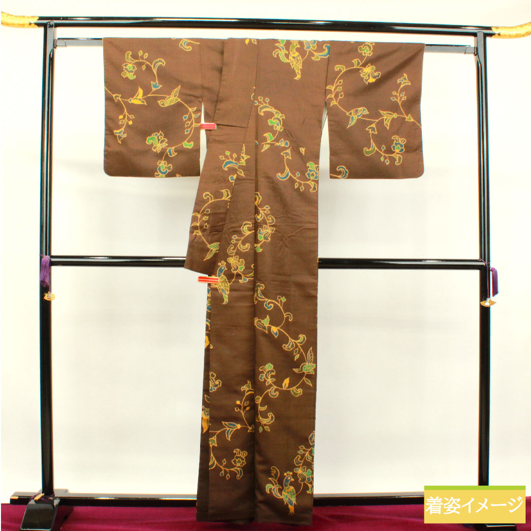 小紋 正絹 身丈162cm 裄丈64.5cm 袷 落栗色 更紗模様 Aランク 茶系 1115003863414