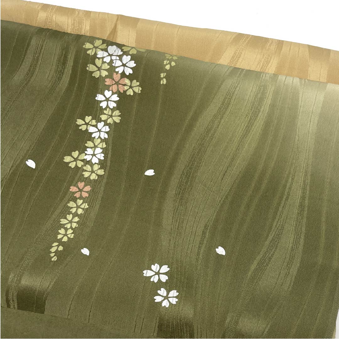 帯揚げ 正絹 セミフォーマル 利休茶色(りきゅうちゃいろ) 桜 古典柄 長さ約170cm 幅約29.5cm Sランク 緑系 1136000302919