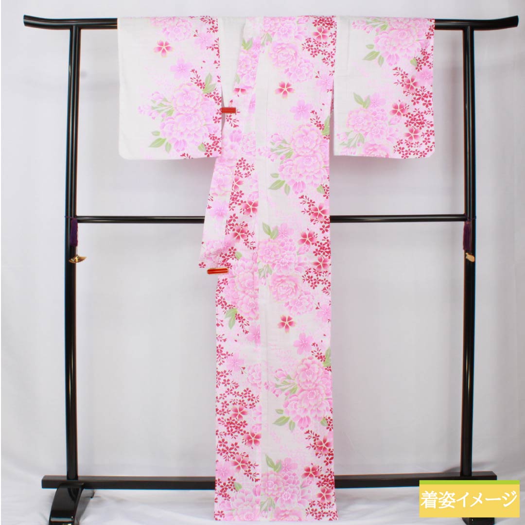 浴衣 木綿 身丈167.5cm 裄丈65.5cm Sランク 単衣 白系 総花 1118005922511