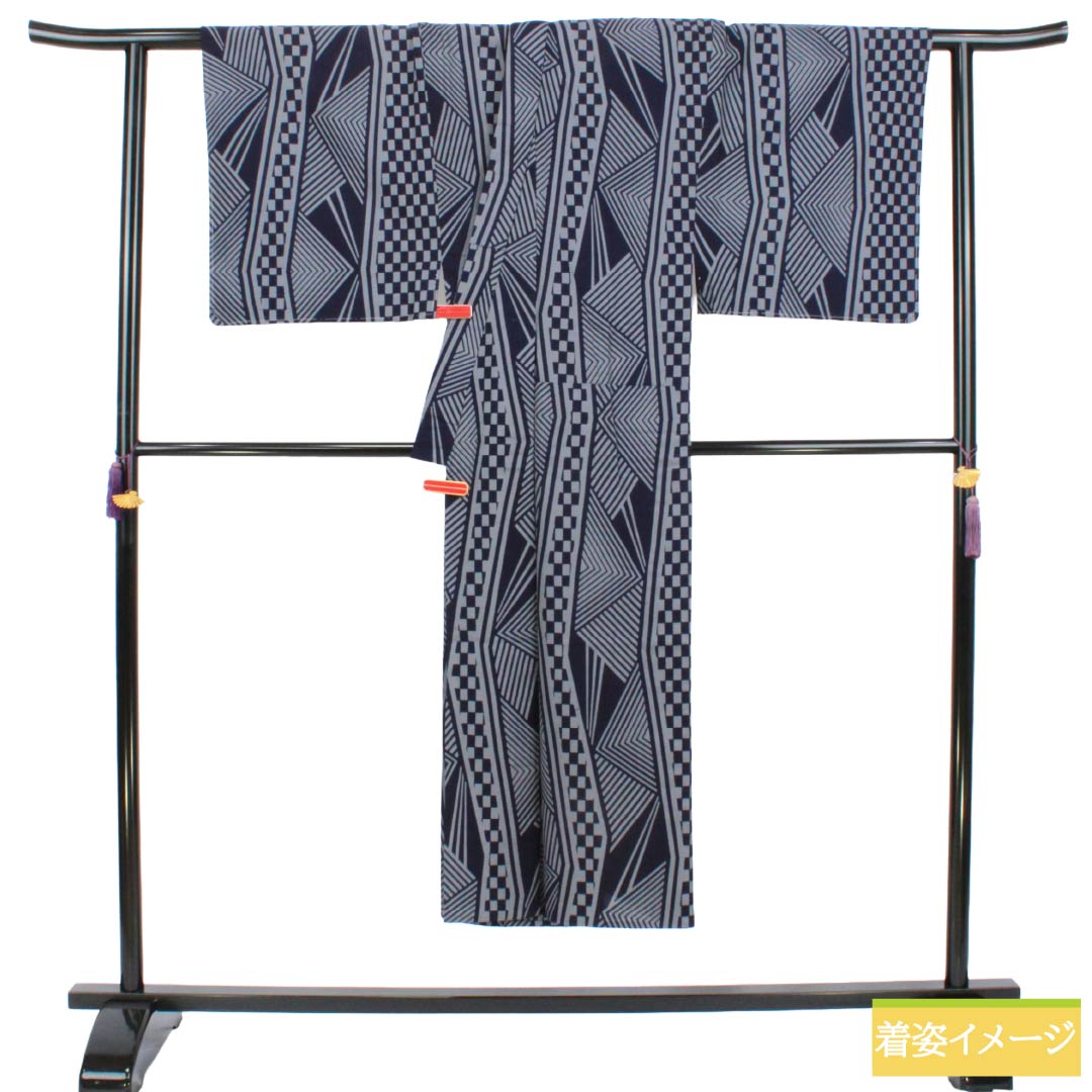 メンズ浴衣 木綿 Aランク 身丈142cm 裄丈71cm 濃紺色(のうこんいろ) 錫色(すずいろ) 幾何学模様 単衣 マルチカラー 1138000823428
