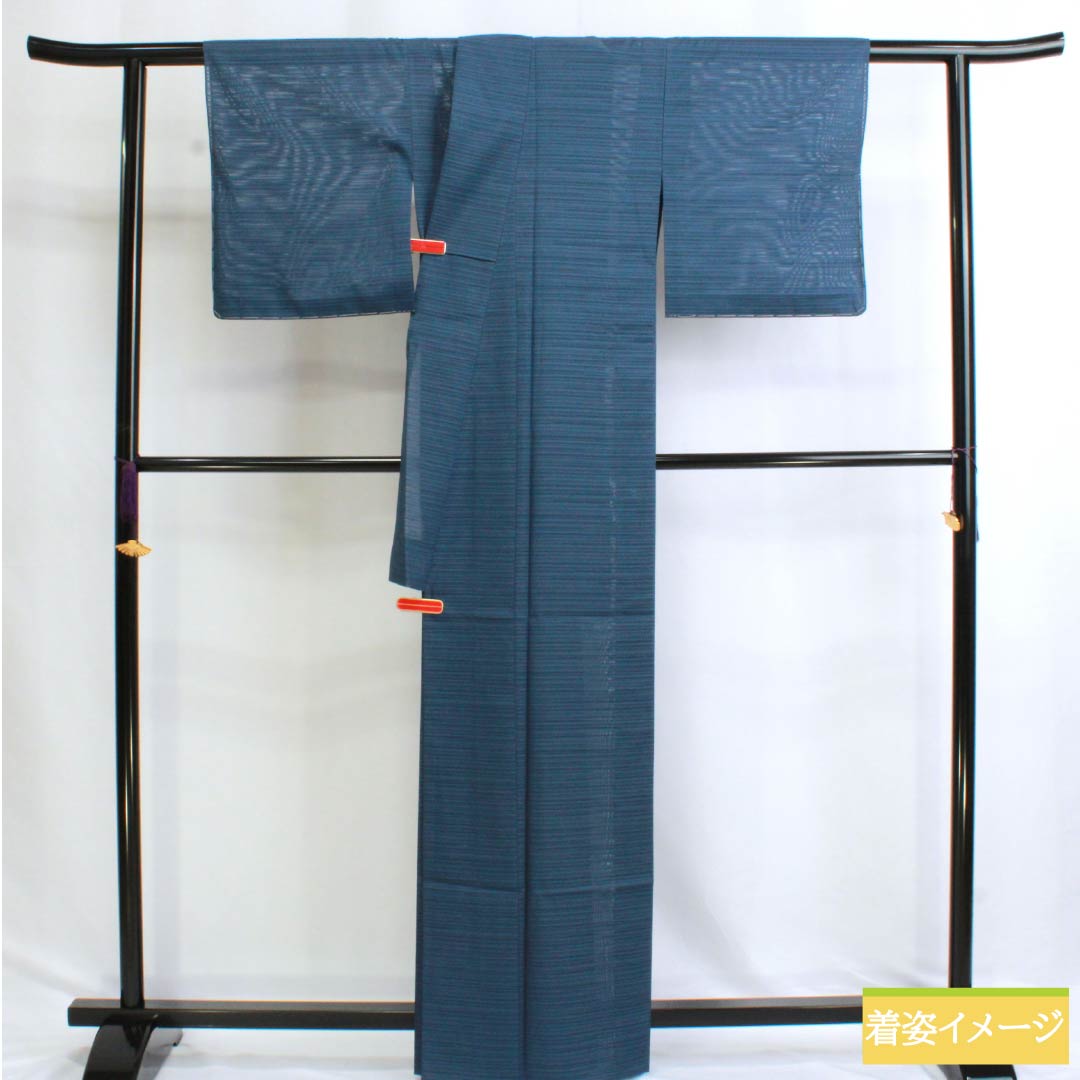 夏物 ポリエステル 色無地 Sランク 身丈164cm 裄丈63cm 裏色(うらいろ) 一つ紋 中陰角立四ツ目 きもの英 絽 青系 1132003212417