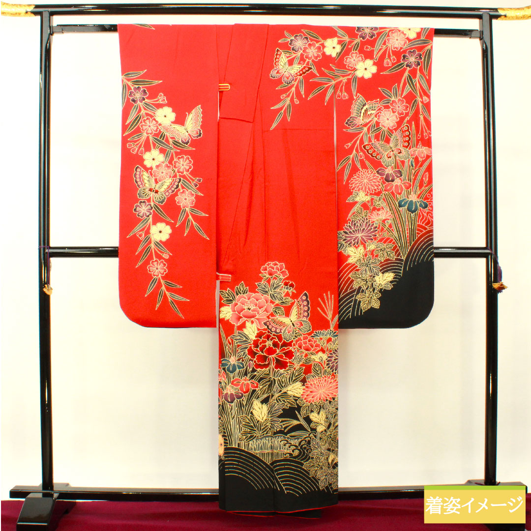 振袖 正絹 身丈158.5cm 裄丈63.5cm 袷 赤紅色 京紅型 吉祥文様 Aランク 赤系 1113001933312