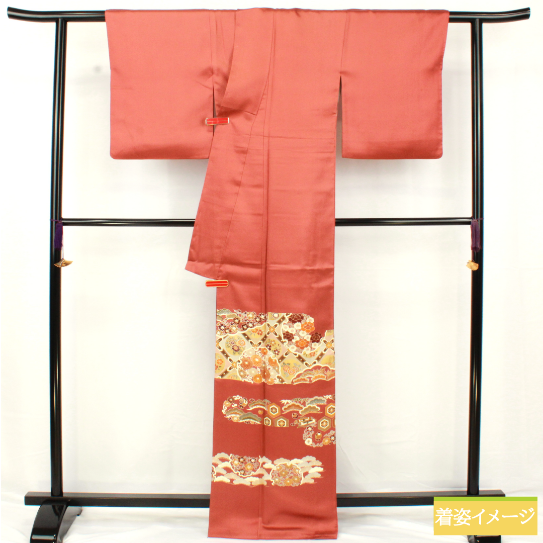 色留袖 正絹 身丈166cm 裄丈65cm 袷 紅唐色(べにとういろ) 京友禅 格天井 宝尽くし 一つ紋 左離れ立葵 Aランク 朱系 1111001563516