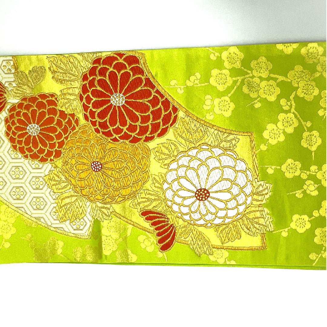 袋帯 菊 振袖用 亀甲 やまとオリジナル 帯丈424cm 正絹 Aランク 六通 フォーマル 緑系 1123003413319