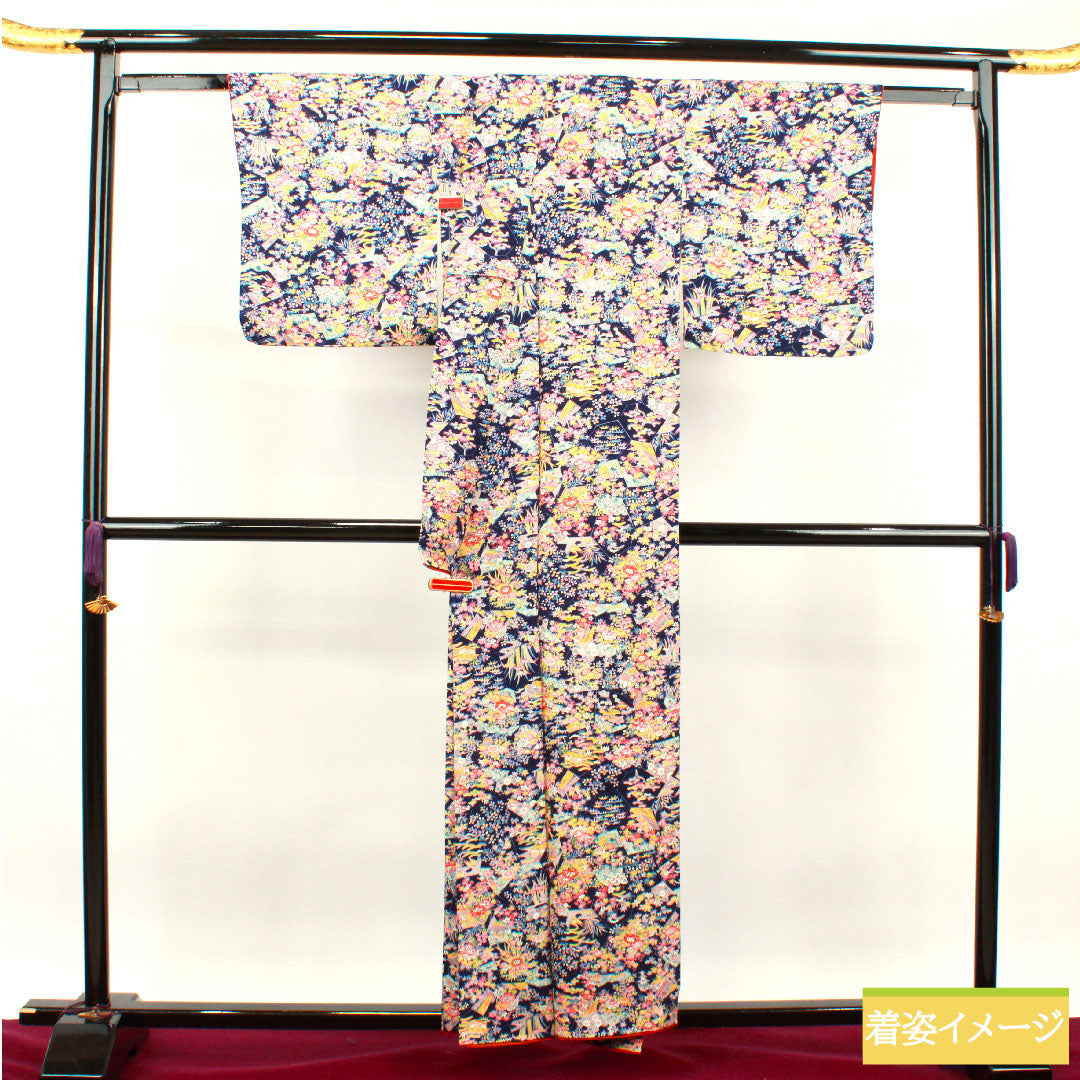 小紋 正絹 身丈157cm 裄丈64cm 袷 紺桔梗色 草花模様 茶屋辻 Sランク 紺系 1115003632318