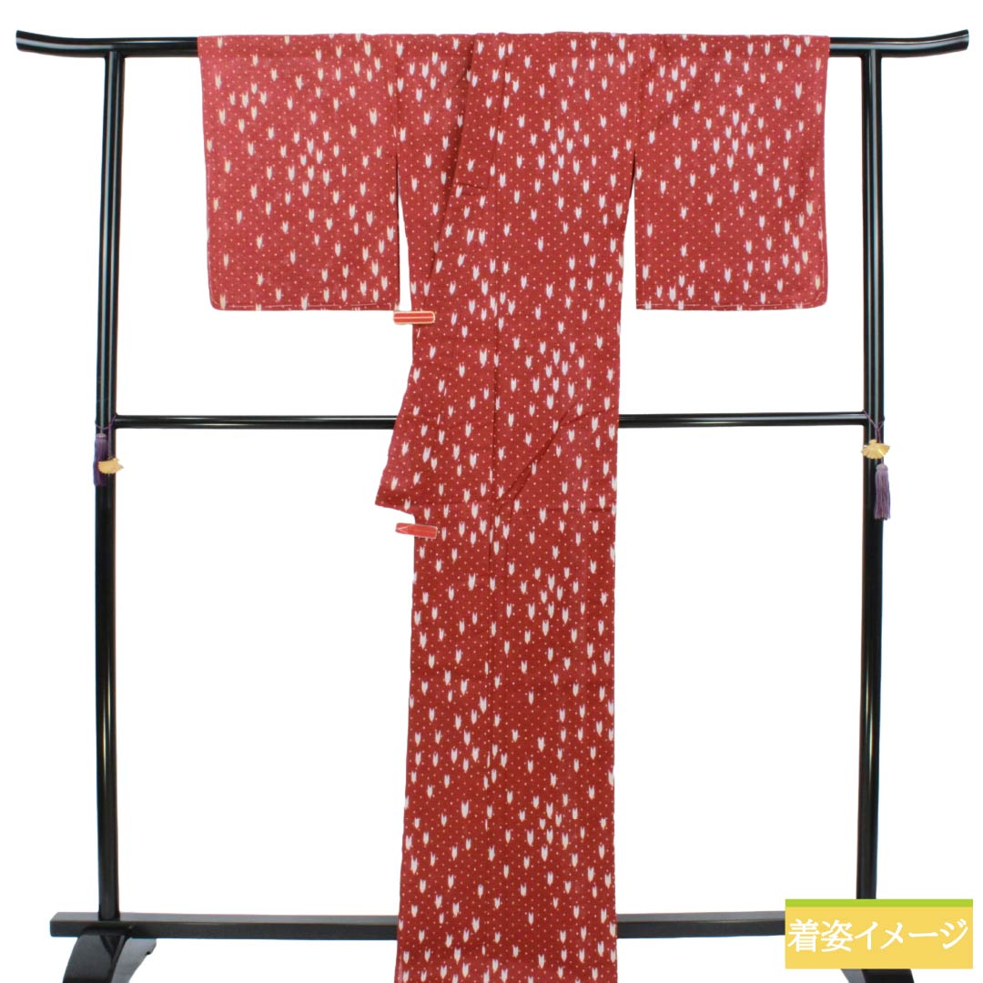 浴衣 木綿 Sランク 身丈166.5cm 裄丈66.5cm 紅樺色(べにかばいろ) ドット 矢絣 単衣 赤系 1118007542512