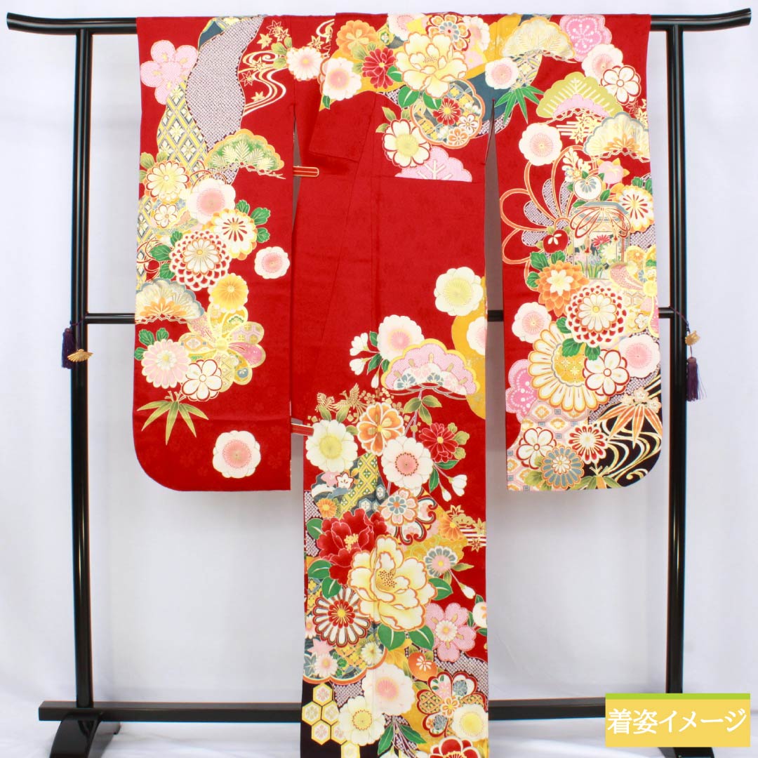 振袖 正絹 Sランク 身丈170.5cm 裄丈67.5cm 袷 真紅色(しんくいろ) 京友禅 吉祥文様 松竹梅 菊 ECOガード加工 赤系 1113002602612
