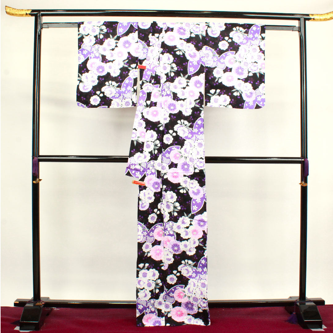 浴衣 蝶 桜 木綿 Sランク 単衣 身丈167cm 裄丈65cm 黒系 1118003712510