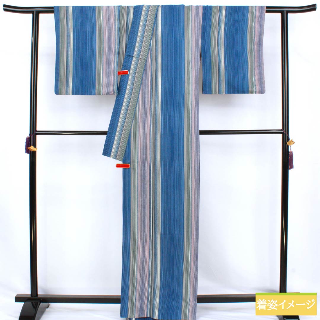 Kimono, Polyester, Rank A, Length 164cm, Sleeve-to-sleeve 64.5cm, Unlined, Light Ultramarine, Stenciled Stripes, Washable Kimono, Blue-toned, 1115007903417