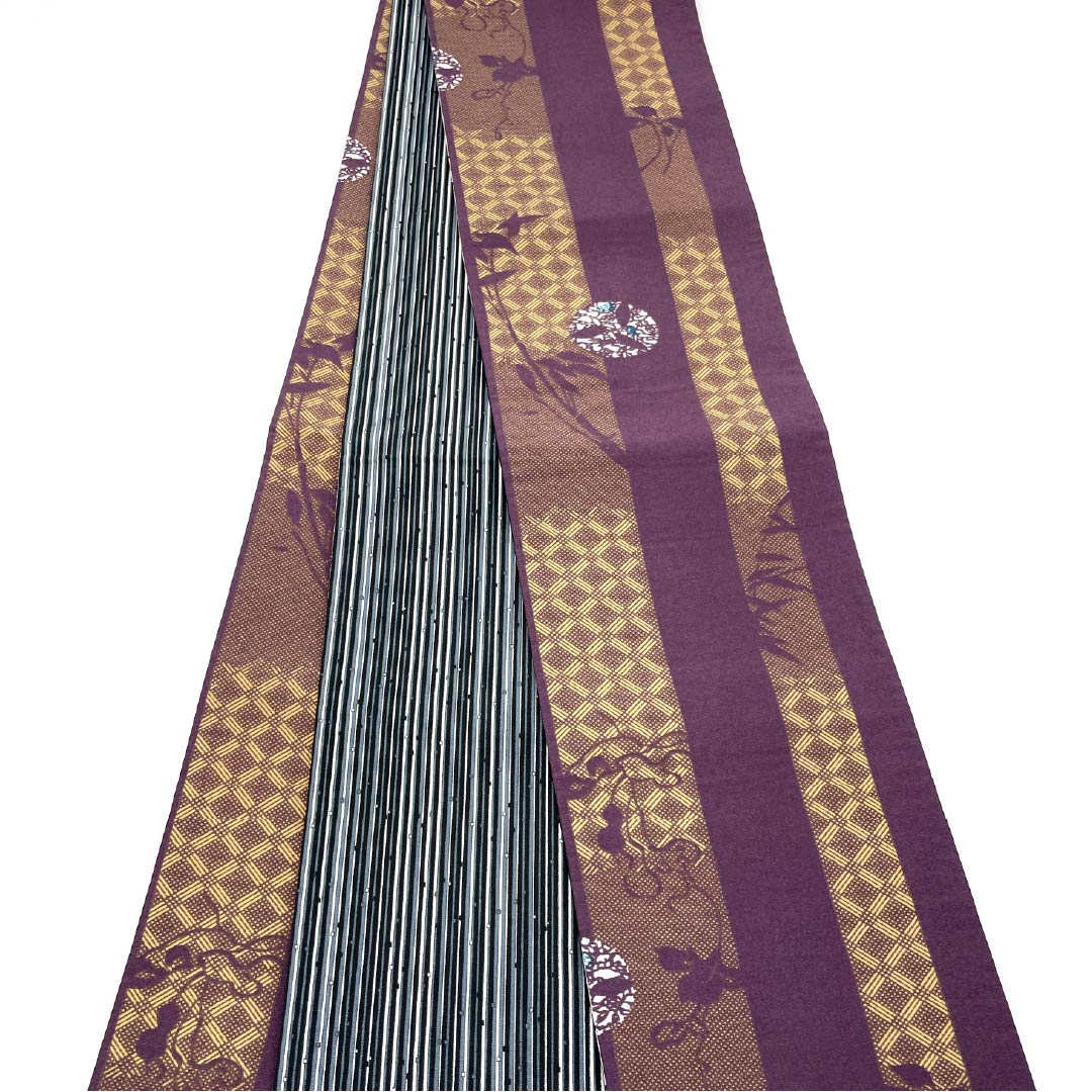 半幅帯 ポリエステル 帯丈392cm 古代紫色(こだいむらさきいろ) 植物模様 モノトーン 縞 ストライプ リバーシブル 紫系 Sランク 1125001592320