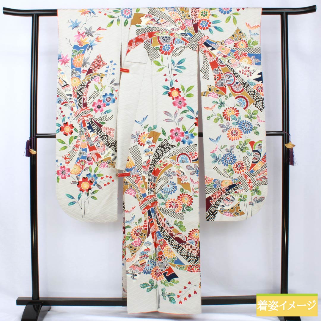 振袖 正絹 Sランク 身丈160.5cm 裄丈64cm 袷 銀白色(ぎんはくしょく) 京友禅 束ね熨斗 紗綾形 グレー系 1113002462422