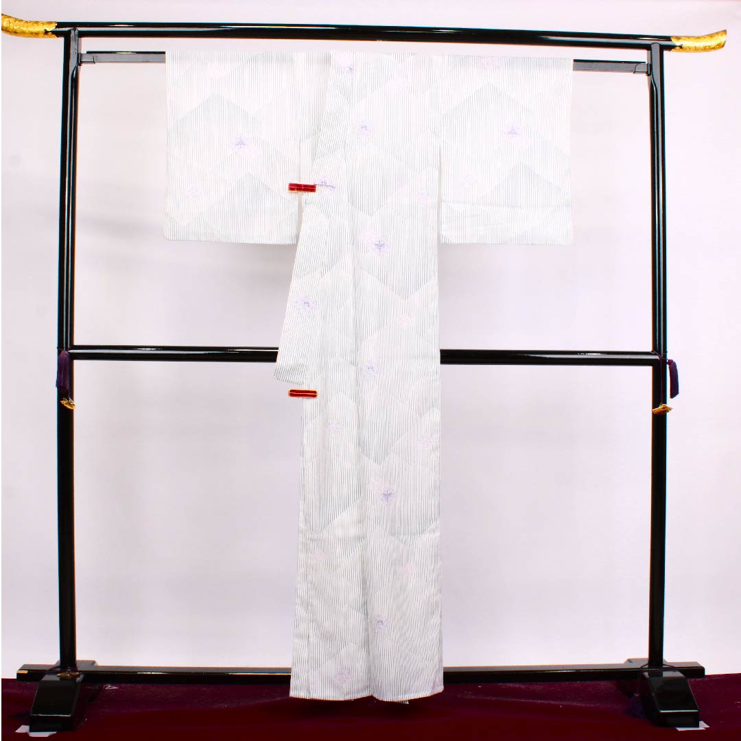 Summer polyester komon, length 160cm, sleeve length 63cm, fish belly white, bird, floral arabesque, diamond pattern, silk, S rank, white, 1132000342411