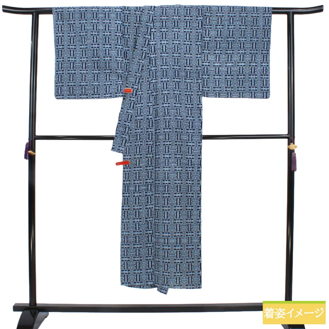 メンズ浴衣 木綿 Sランク 身丈143.5cm 裄丈70.5cm 濃紺色(のうこんいろ) 幾何学模様 居敷当て付き 単衣 紺系 1138001122418