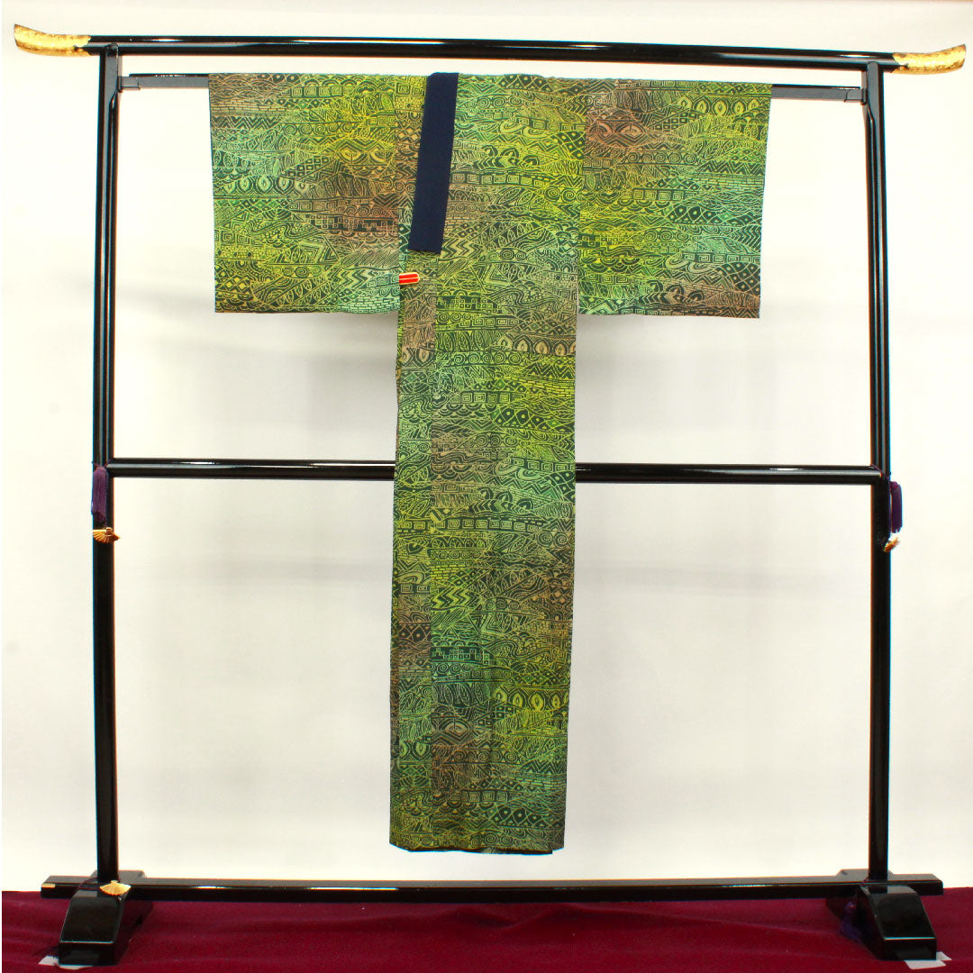 長襦袢 正絹 身丈148cm 裄丈70cm 単衣 男物 抽象模様 ボカシ染 Sランク 緑系 1129000582819