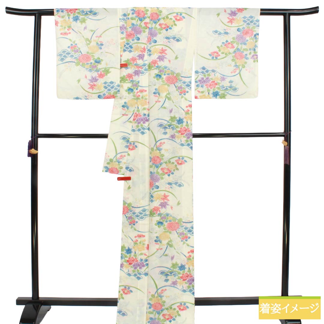 夏物 ポリエステル 小紋 Aランク 身丈166.5cm 裄丈66cm 乳白色(にゅうはくしょく) 洗える着物 草花模様 古典柄 絽 白系 1132007163511