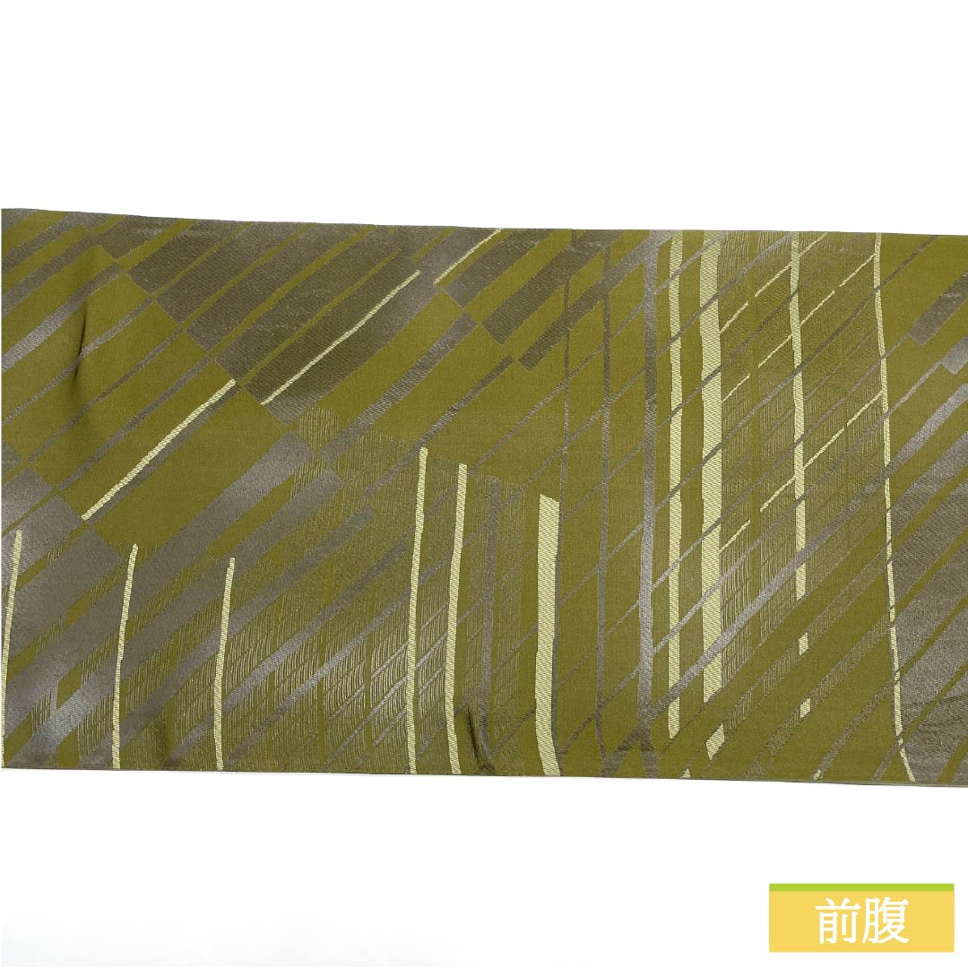 袋帯 正絹 麹塵色(きくじんいろ) 幾何学模様 帯丈432cm Sランク 六通 セミフォーマル 緑系 1123012242319